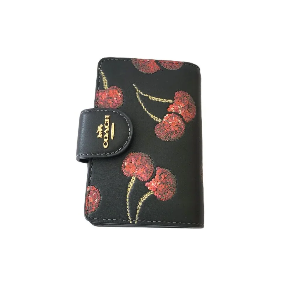 Coach CDF10 Medium Corner Zip Cherry Bifold Wallet Smooth Leather Black Multi - Picture 4 of 7